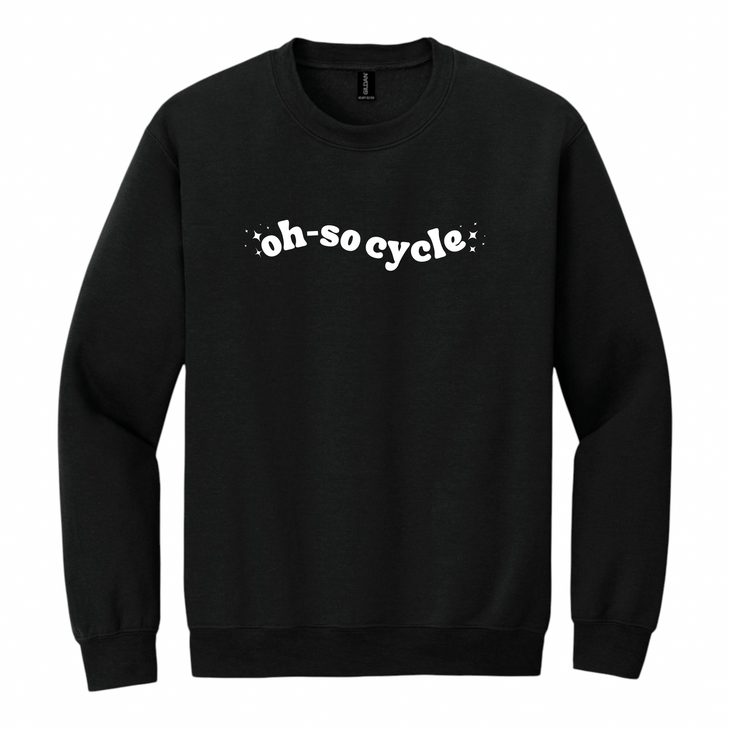 Black sweatshirt with 'oh-socycle' text on a white background