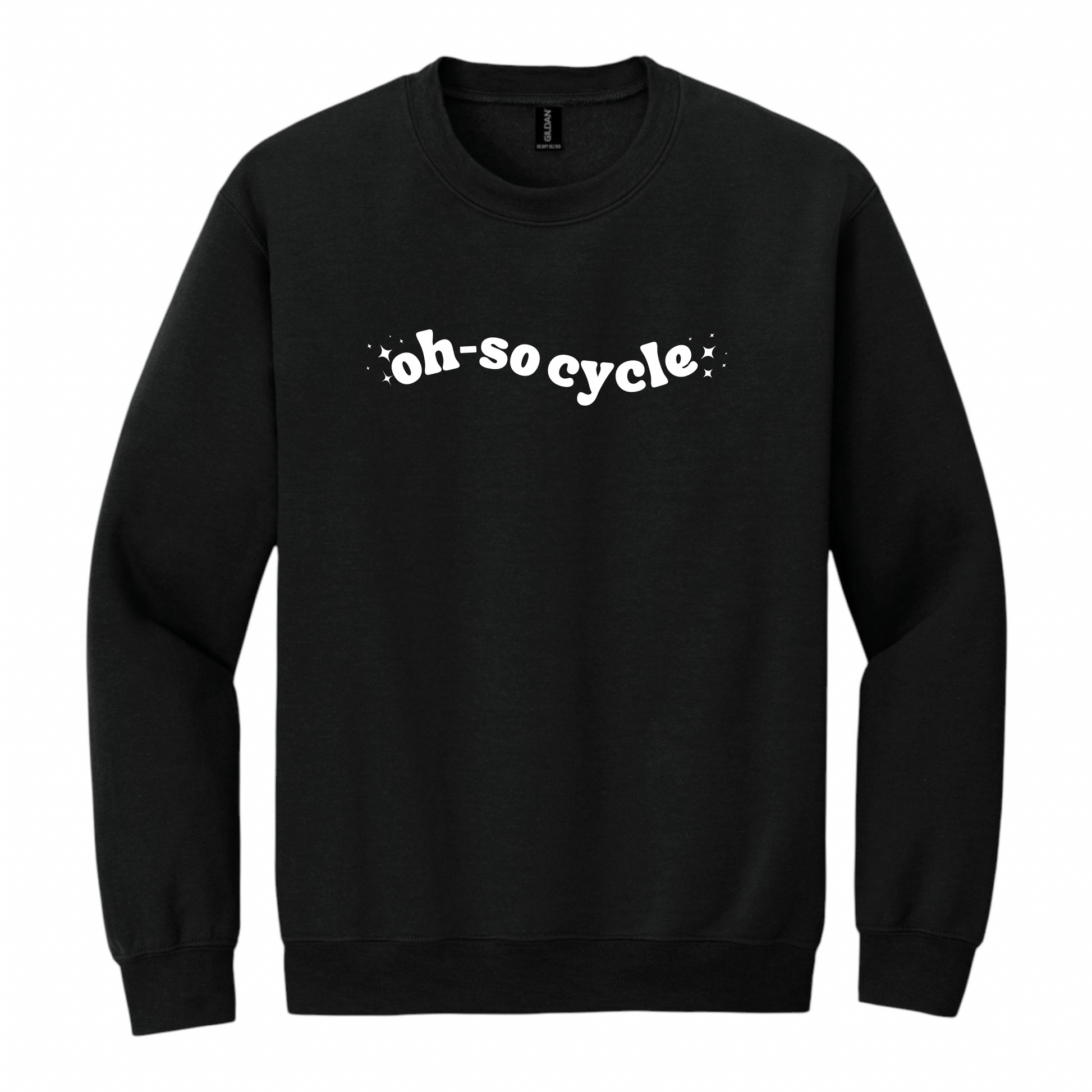 Black sweatshirt with 'oh-socycle' text on a white background