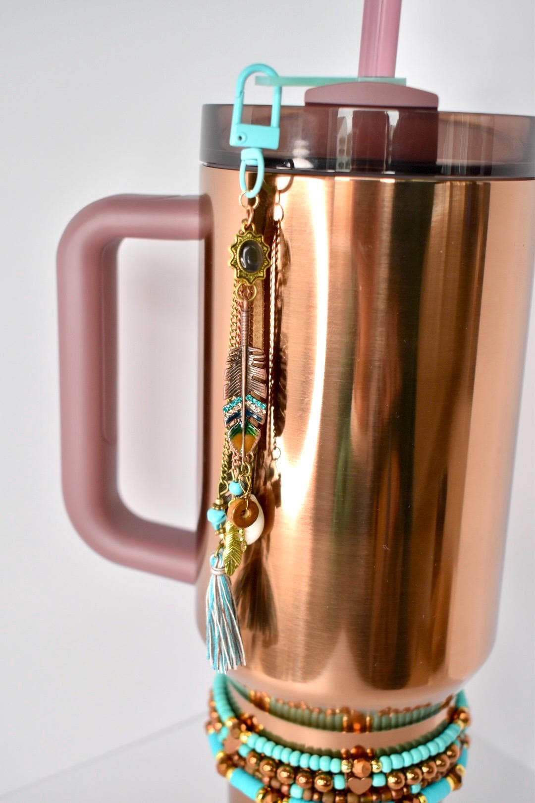 Boho Tumbler Straw Charm: Turquoise, Copper & Polished Rose Gold