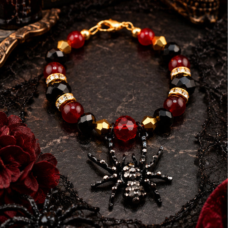 A gothic-style beaded tumbler handle bracelet with red and black faceted beads, gold-toned spacer rings, and a black spider charm embellished with rhinestones, displayed on a dark textured surface with Halloween-themed props.