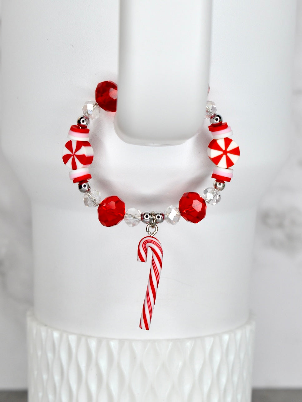 Beaded handle bracelet with candy cane and peppermint candy charms for tumbler Stanley
