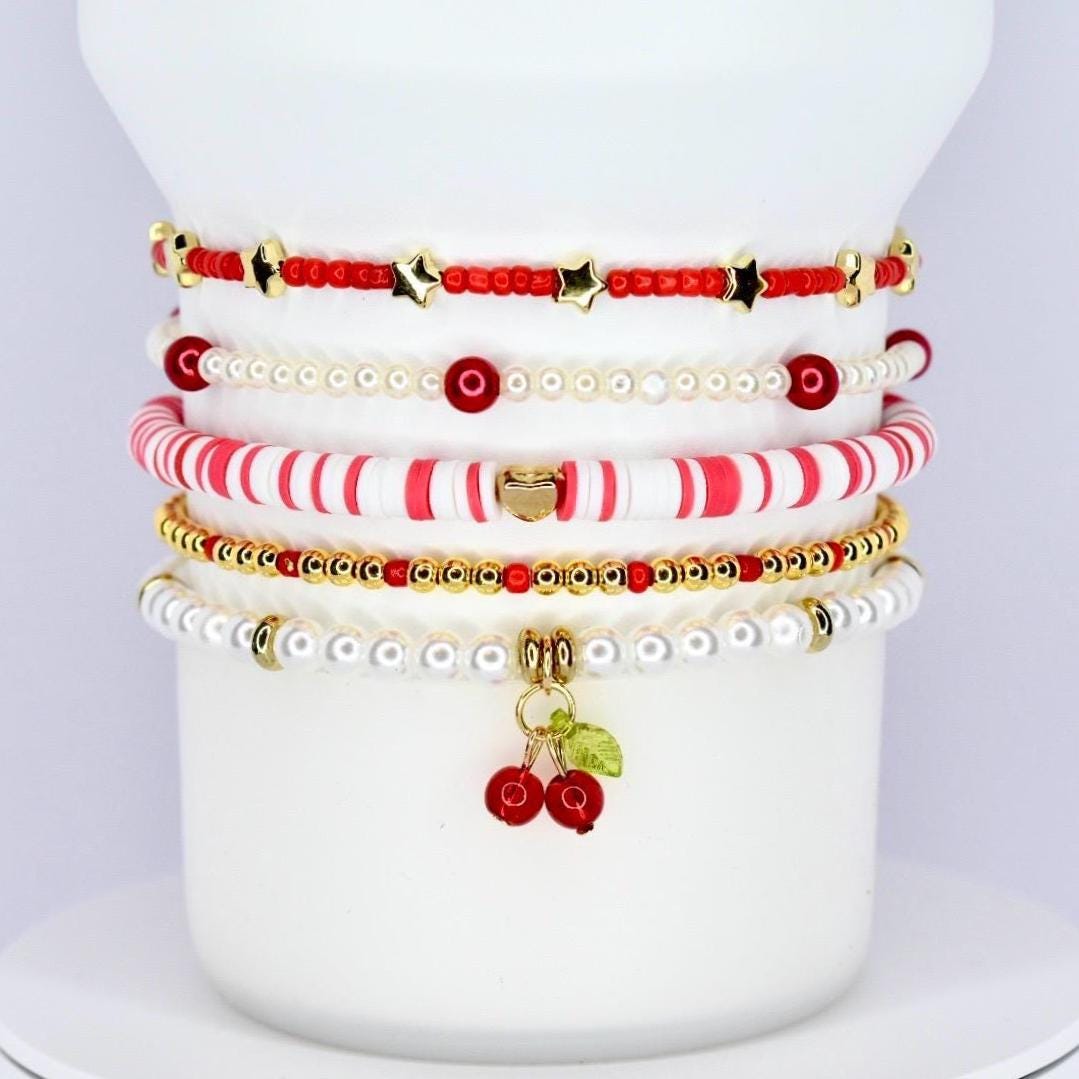 Five bracelet stack with red gold and pearl beads with gold stars, hearts and a cherry charm for wrist or tumbler Stanley
