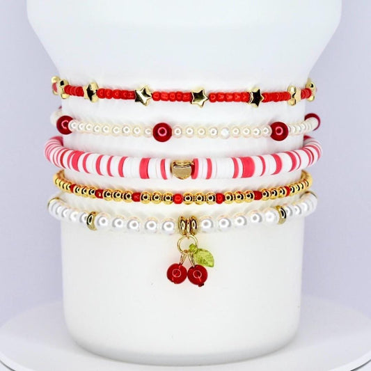 Five bracelet stack with red gold and pearl beads with gold stars, hearts and a cherry charm for wrist or tumbler Stanley