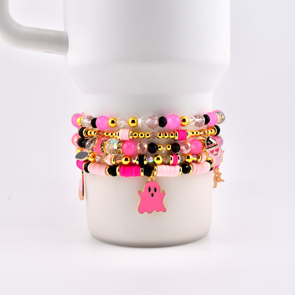Pink and Black Halloween Charm Bracelet Set of 5