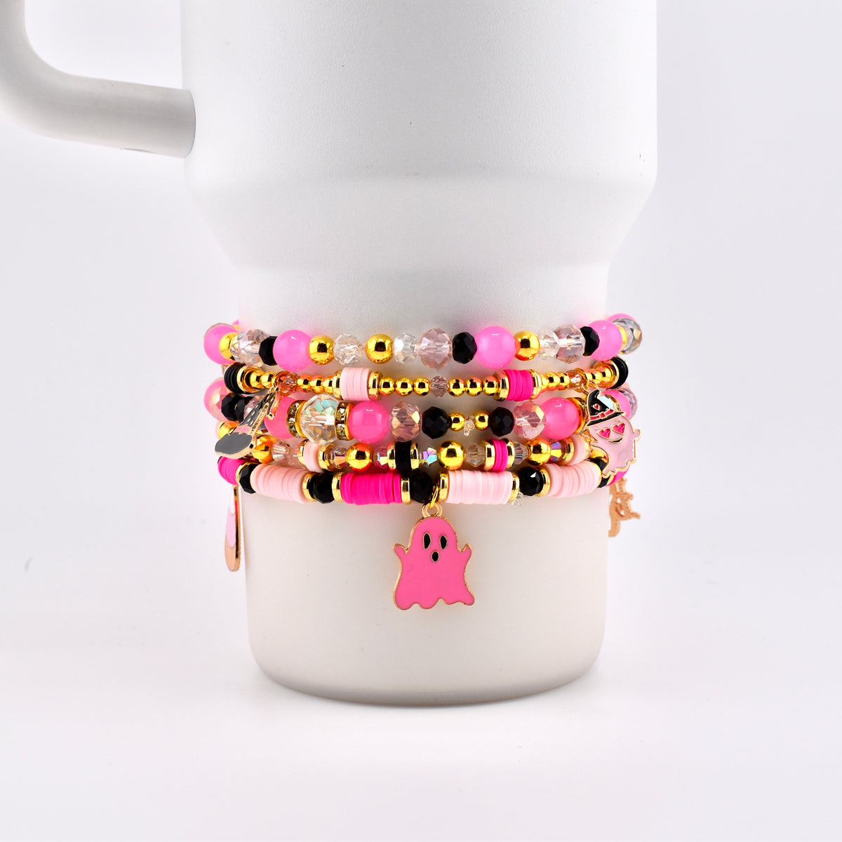 Pink and Black Halloween Charm Bracelet Set of 5