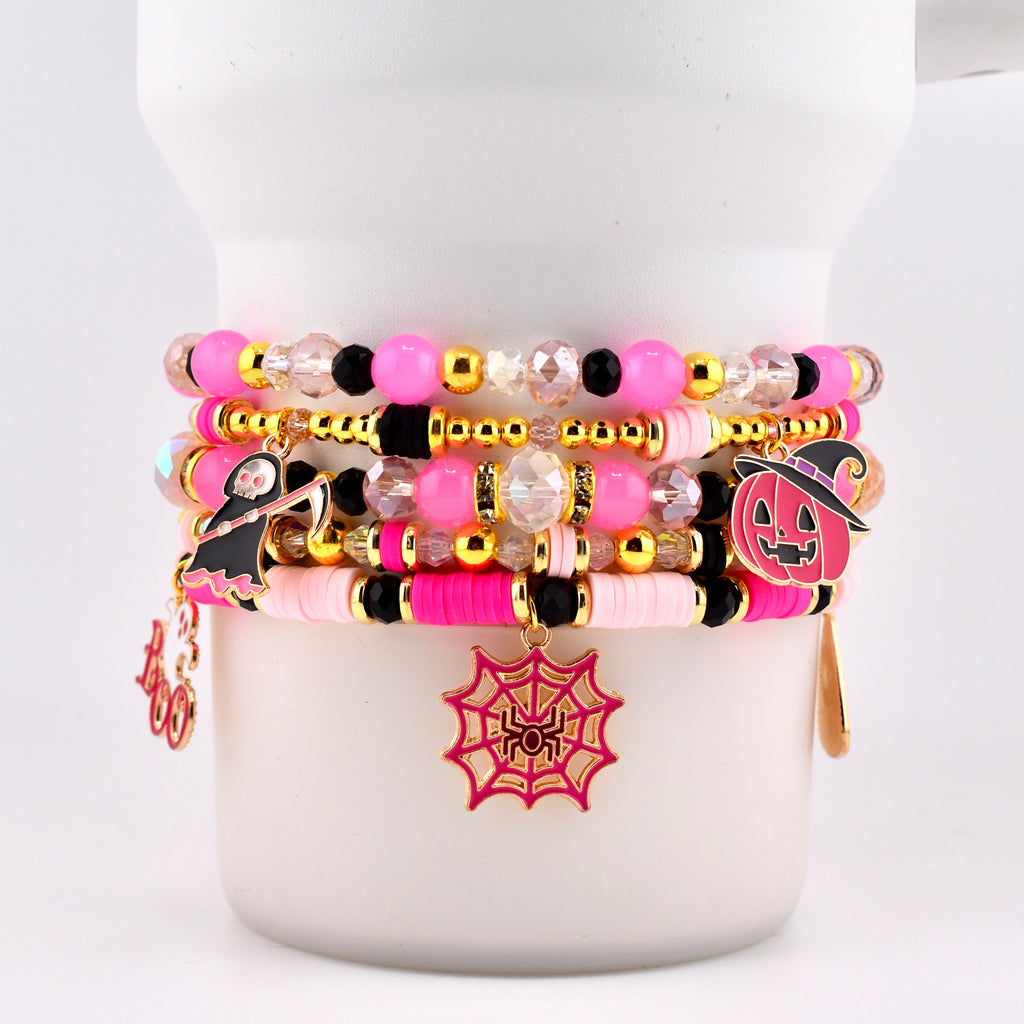 Pink and Black Halloween Charm Bracelet Set of 5