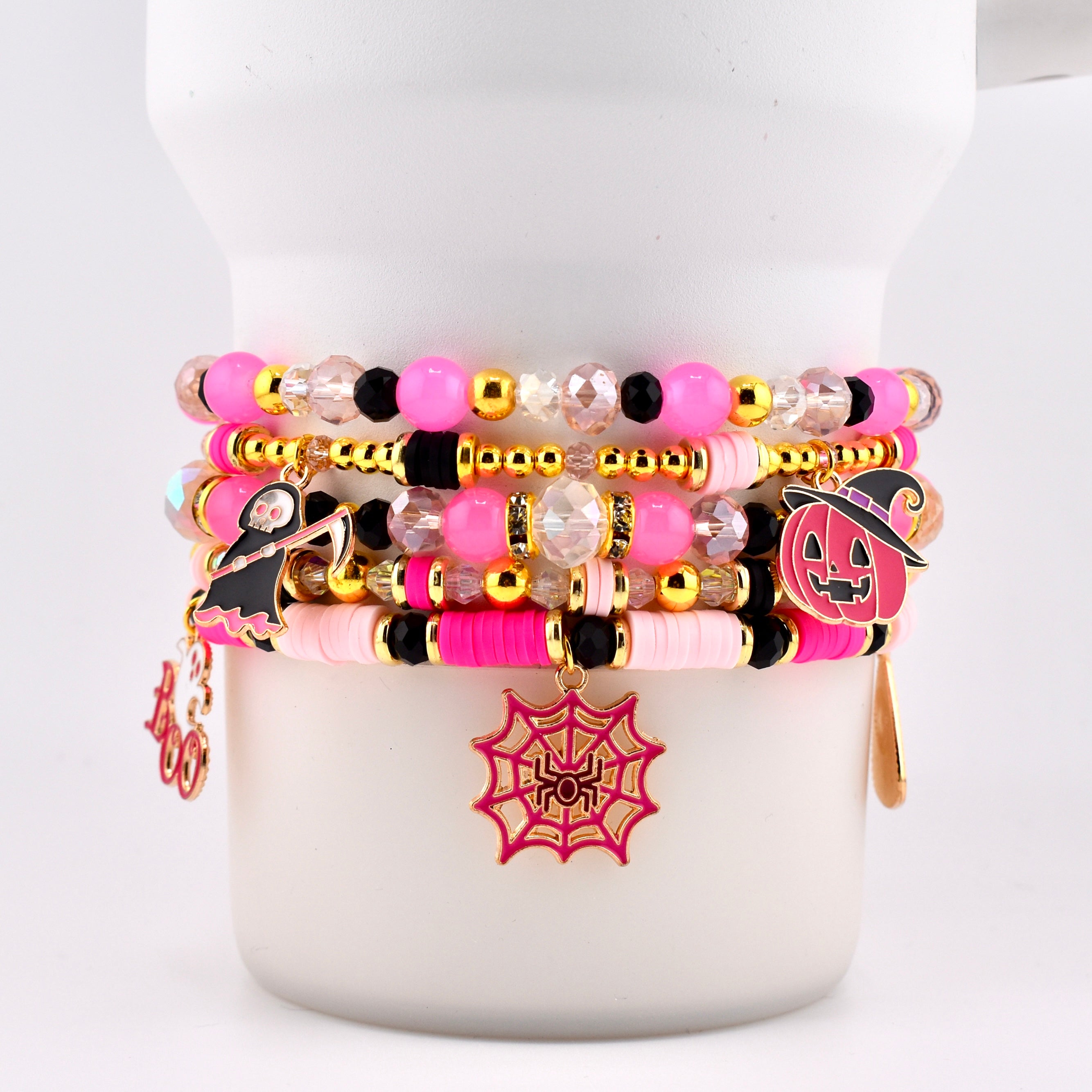 Pink and Black Halloween Charm Bracelet Set of 5