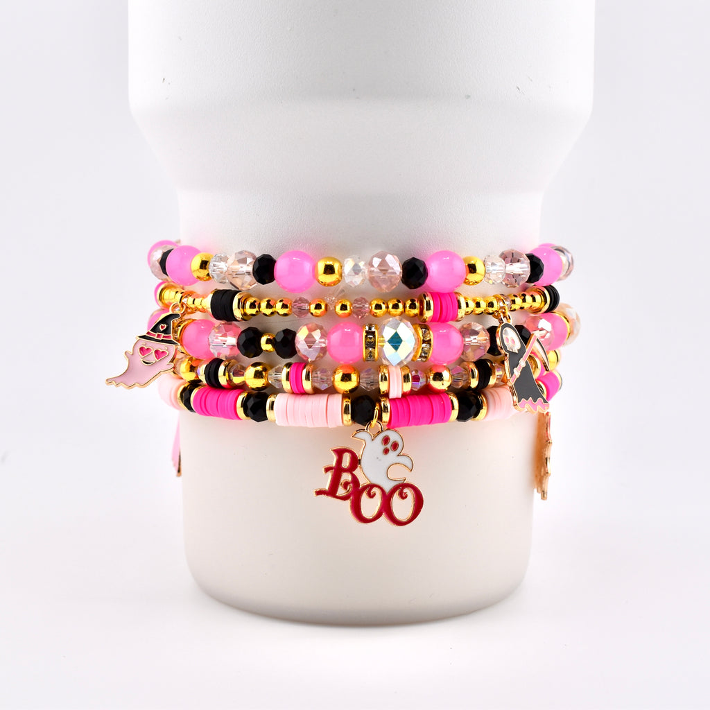 Pink and Black Halloween Charm Bracelet Set of 5