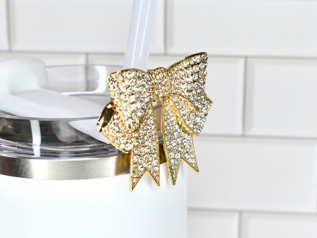 Gold Rhinestone Bow Tumbler Straw Charm