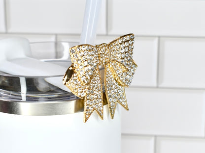 Gold Rhinestone Bow Tumbler Straw Charm