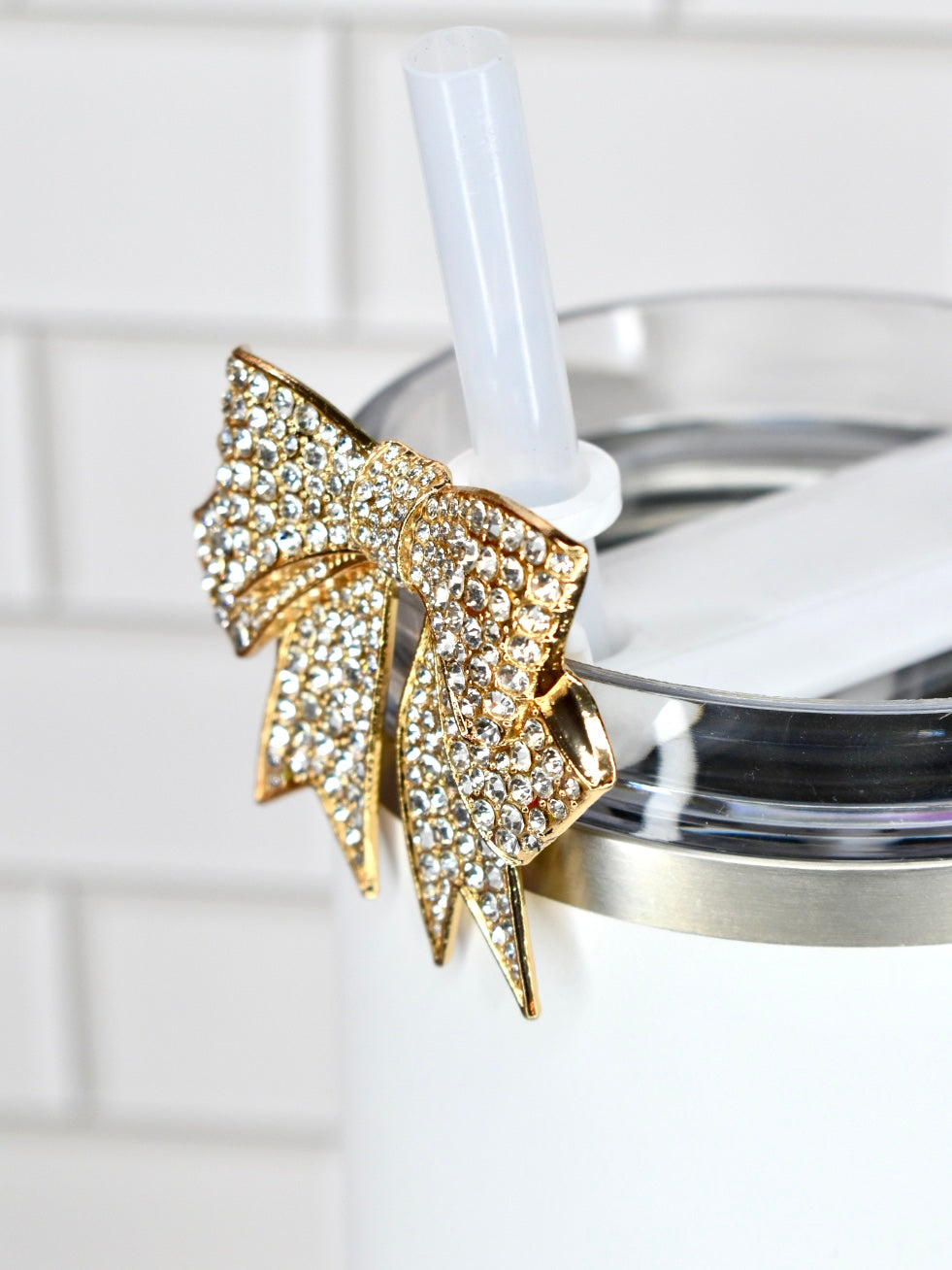 Gold Rhinestone Bow Tumbler Straw Charm