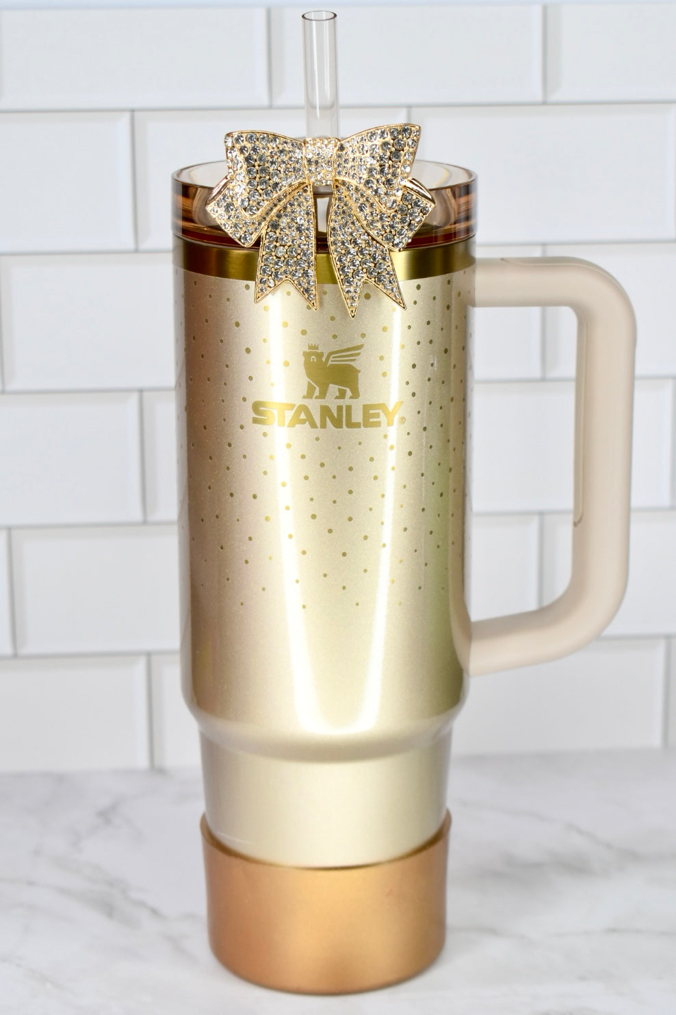 Gold Rhinestone Bow Tumbler Straw Charm