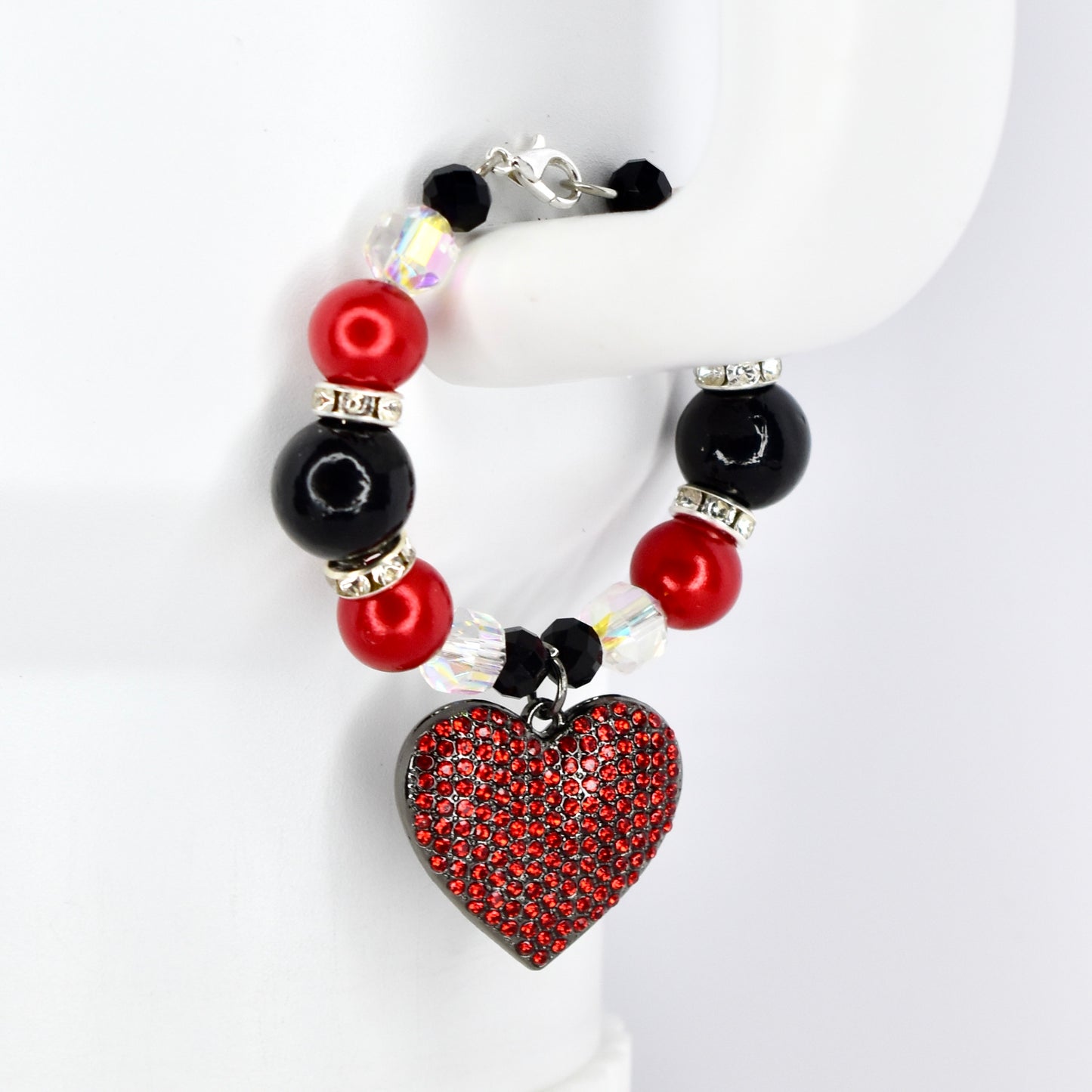 Red and Black Tumbler Handle Bracelet with Red Rhinestone Heart Charm