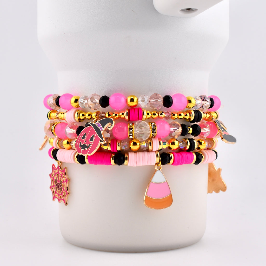 Pink and Black Halloween Charm Bracelet Set of 5