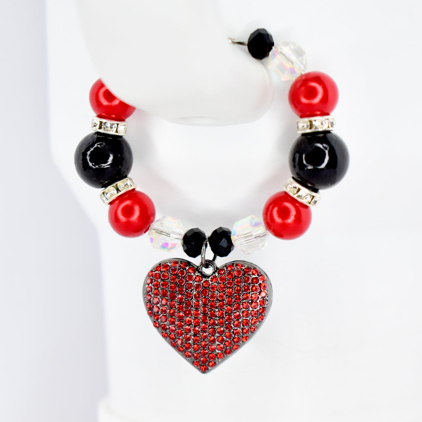 Red and Black Tumbler Handle Bracelet with Red Rhinestone Heart Charm