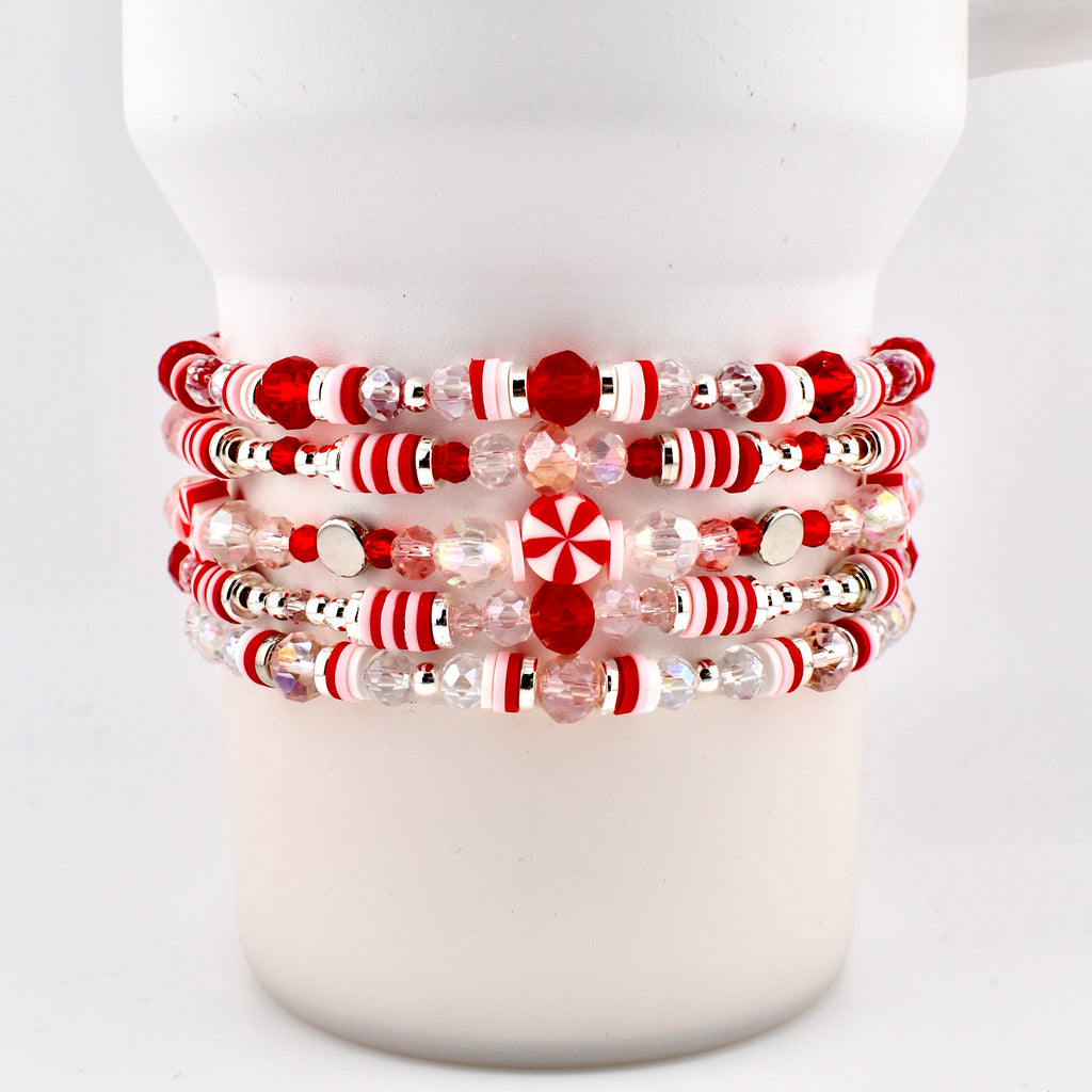Red Pink and White Peppermint Strawberry Twist Bracelet Collection