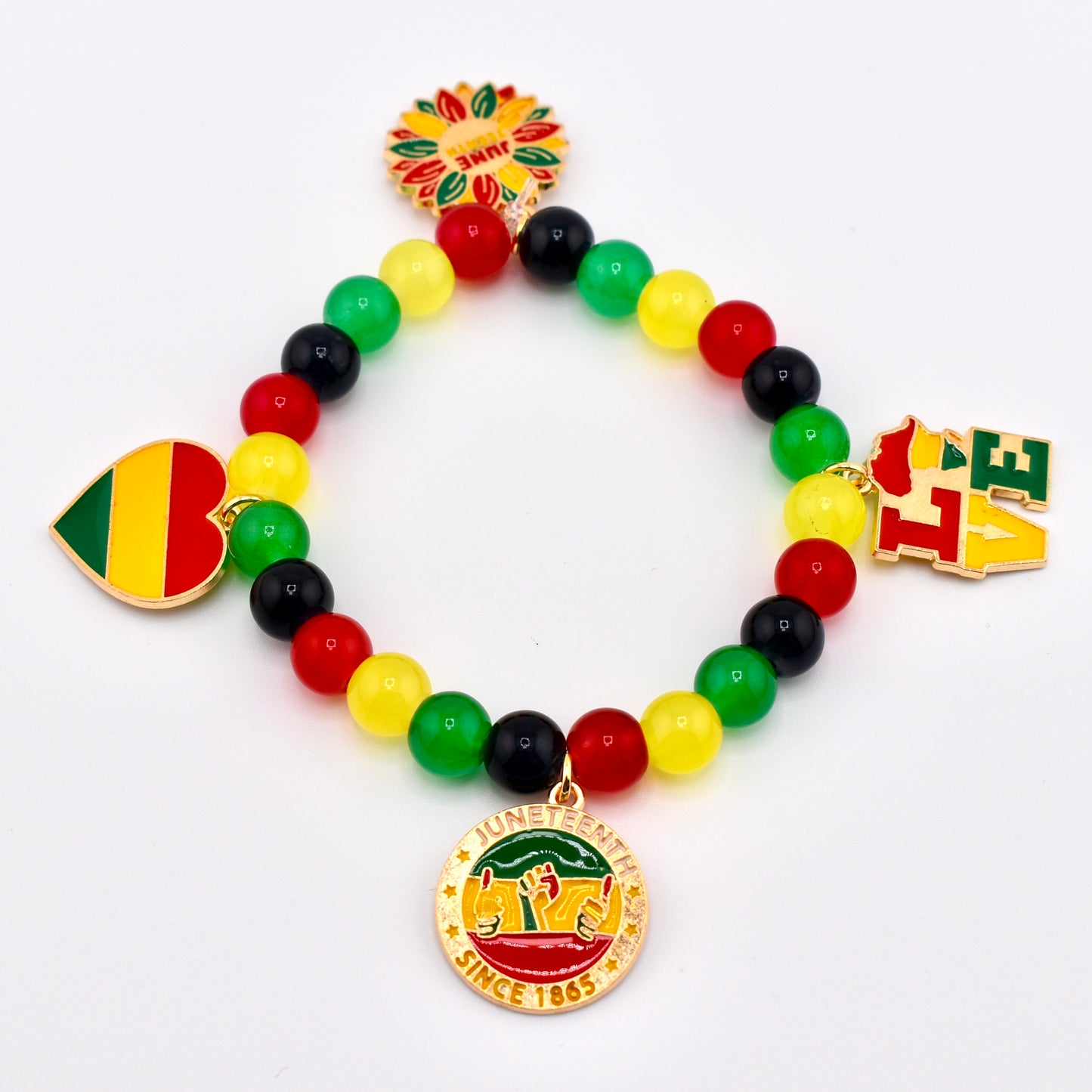 Juneteenth Charm Bracelet with Red Yellow Green and Back Glass Beads and Gold Accents