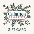Calathea Collective gift card with decorative leaves and berries on a white background