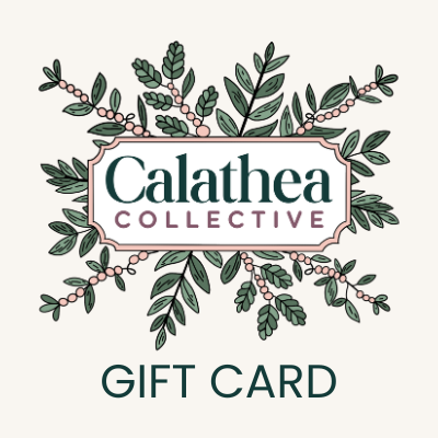 Calathea Collective gift card with decorative leaves and berries on a white background