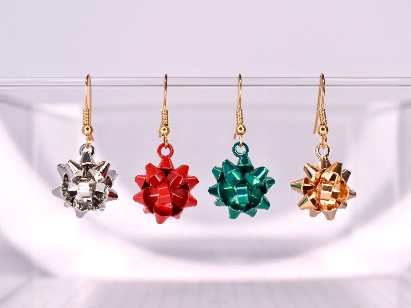 Gift Bow dangle earrings silver rod gold or green bows