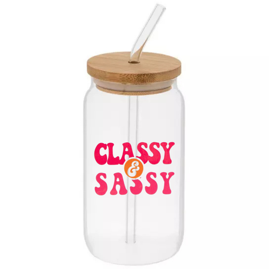 Classy & Sassy Glass Can Sipper Cup with Straw Charm, Lid, and Straw