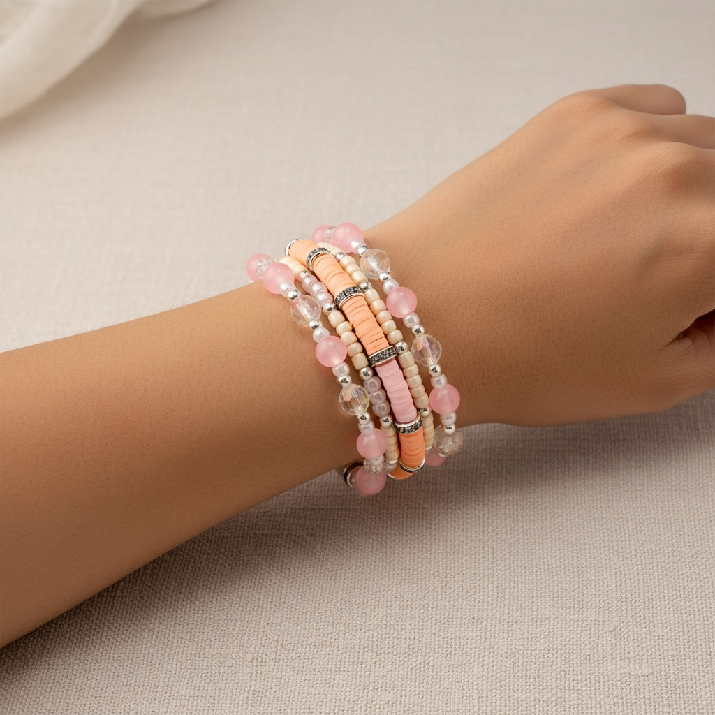 Pink Mesa Sunset Bracelet Collection: Pink, Peach, and Cream Beaded Bracelets