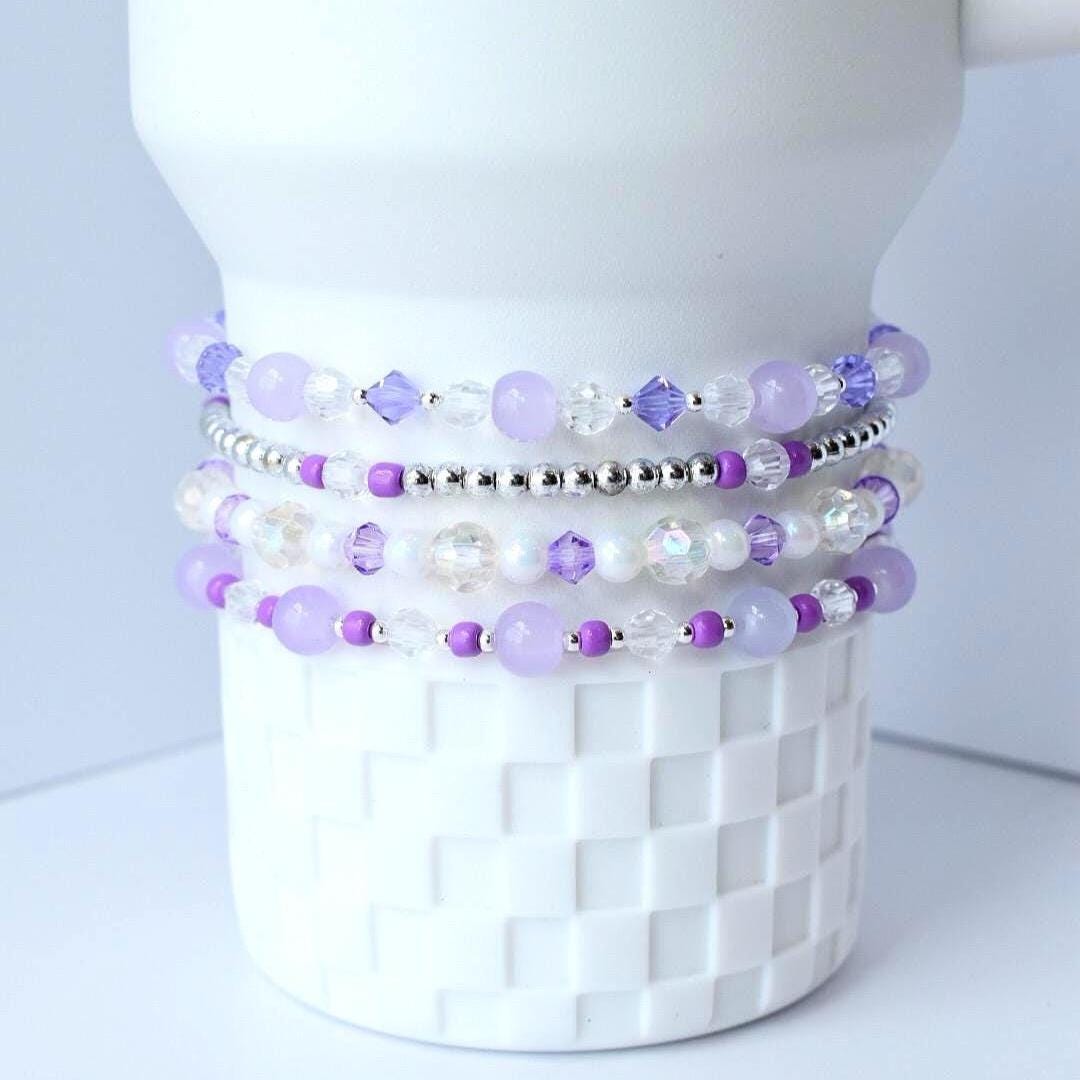 Lavender lilac silver white and sparkly beads for wrist or tumbler or Stanley cups