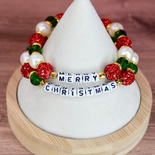 Merry Christmas wrist bracelets with letter beads with red green white and gold beads