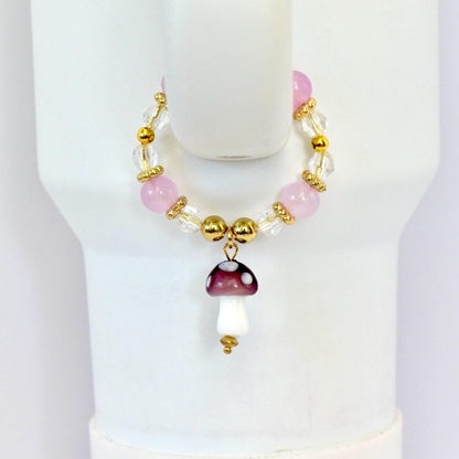 Pink gold clear beaded tumbler handle bracelet with mushroom  charm
