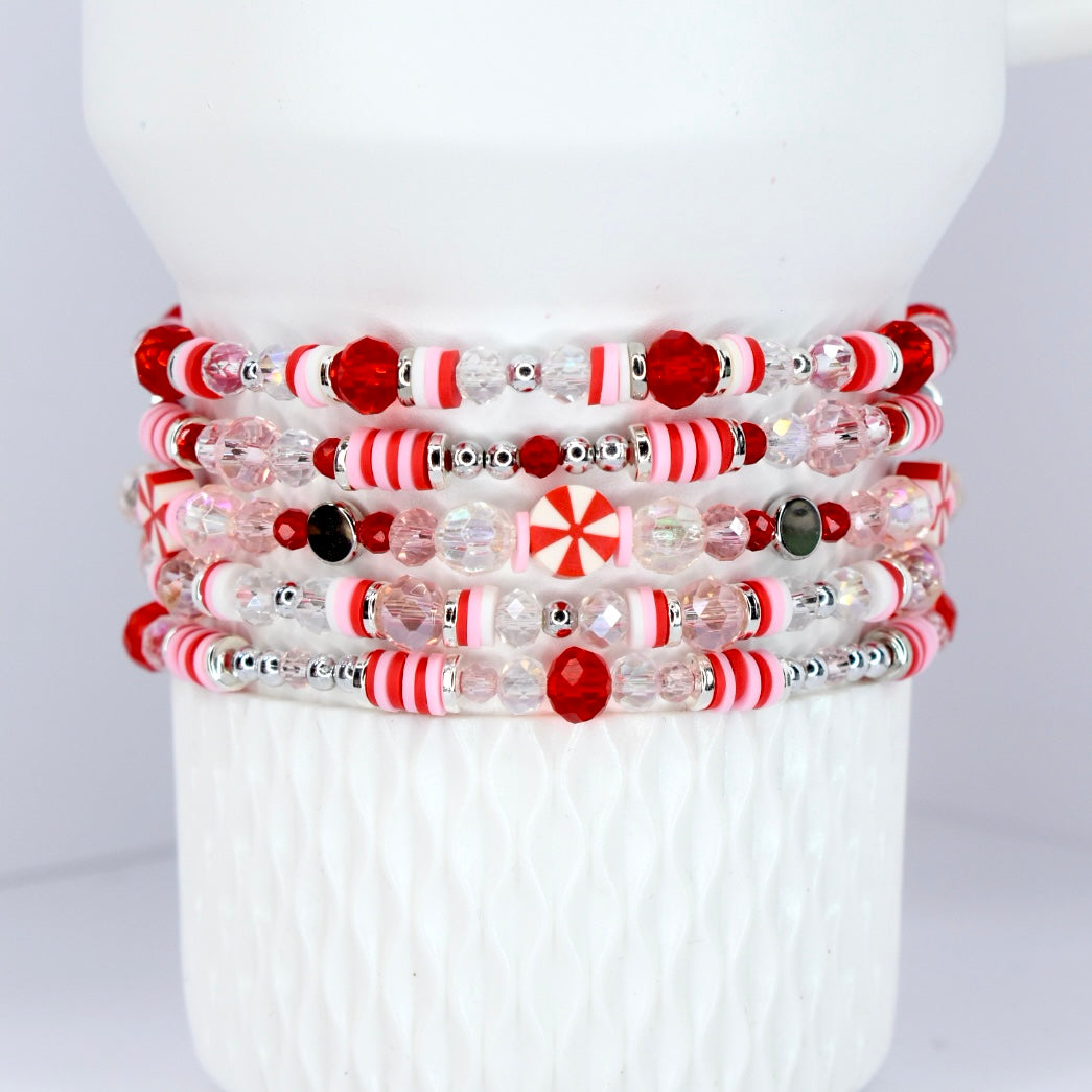 Peppermint themed bracelets for Stanley tumbler or wrist.  Red pink white silver and peppermint candy beads.