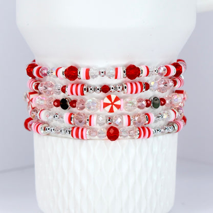 Peppermint themed bracelets for Stanley tumbler or wrist.  Red pink white silver and peppermint candy beads.