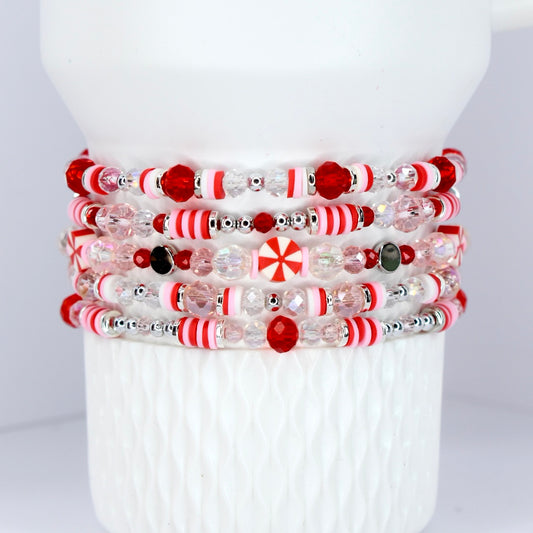 Peppermint themed bracelets for Stanley tumbler or wrist.  Red pink white silver and peppermint candy beads.