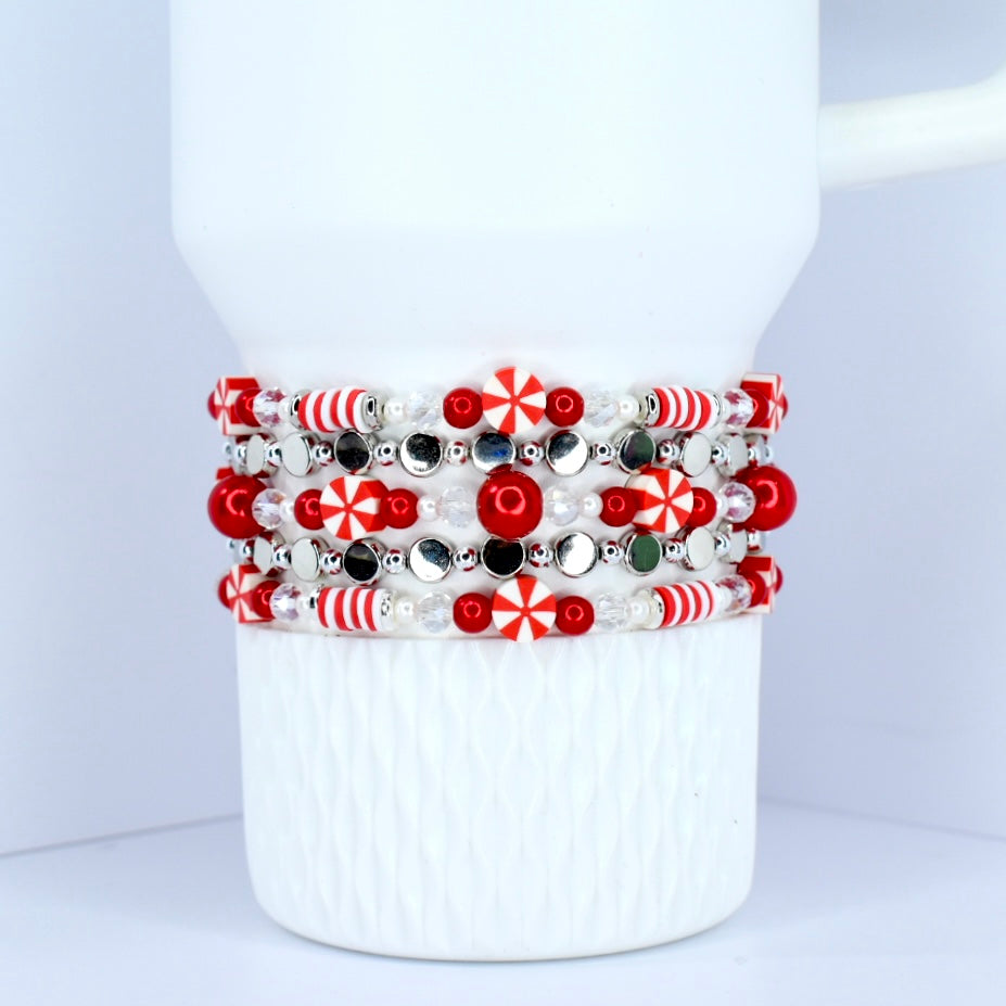 Peppermint  Candy bracelets for Stanley cups or wrist.  Candy red silver white beads.