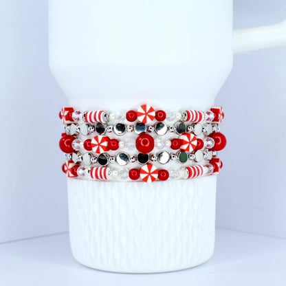 Peppermint  Candy bracelets for Stanley cups or wrist.  Candy red silver white beads.