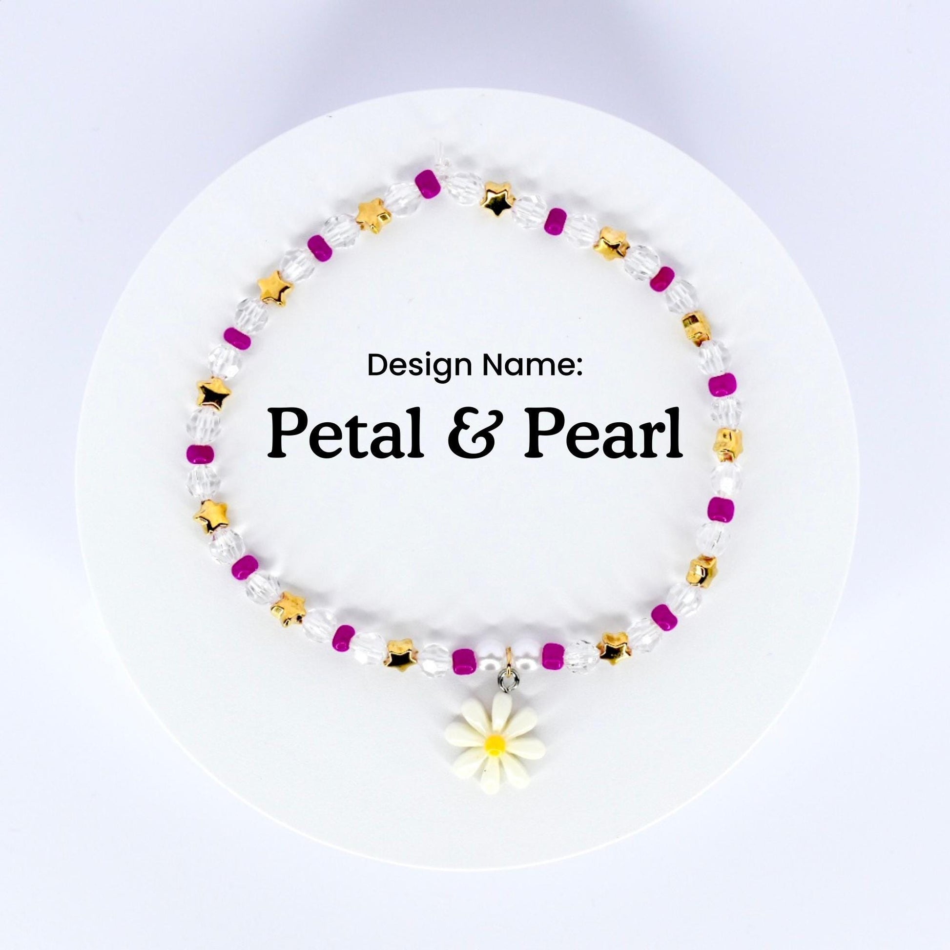 Magenta gold star and white beaded bracelet with daisy charm for wrist or tumbler