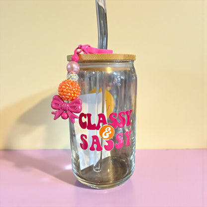 Classy & Sassy Glass Can Sipper Cup with Straw Charm, Lid, and Straw