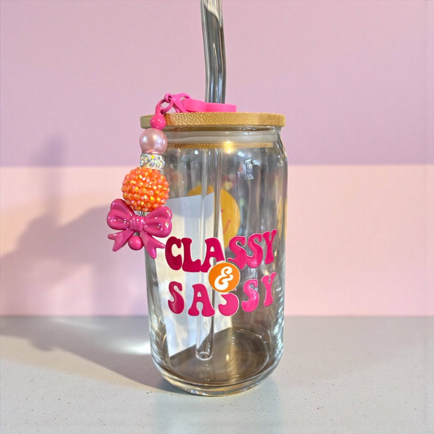 Classy & Sassy Glass Can Sipper Cup with Straw Charm, Lid, and Straw