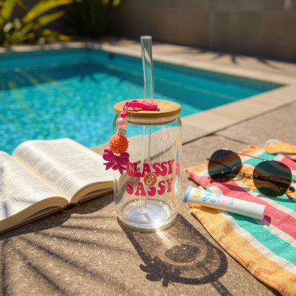 Classy & Sassy Glass Can Sipper Cup with Straw Charm, Lid, and Straw