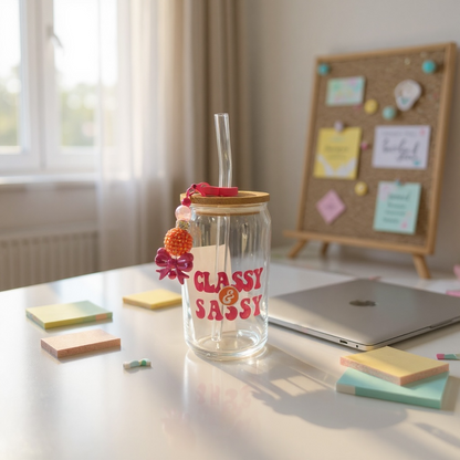 Classy & Sassy Glass Can Sipper Cup with Straw Charm, Lid, and Straw