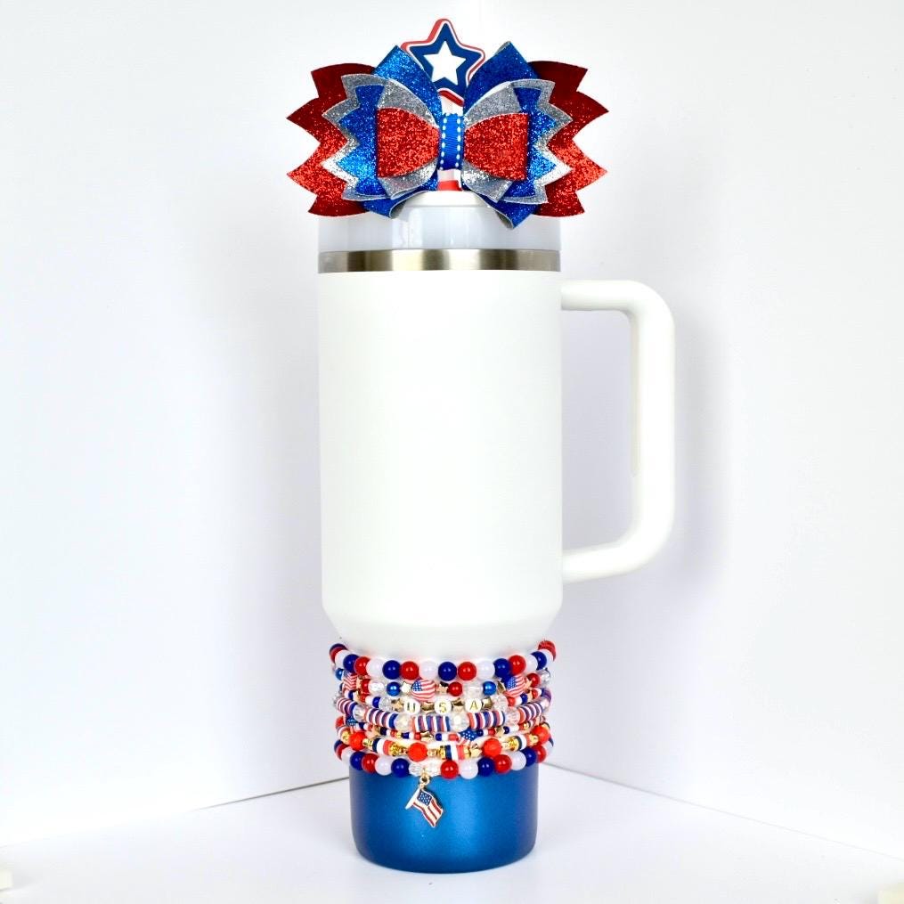 Patriotic wrist and Tumbler/Stanley bracelets with red white blue and flag charms