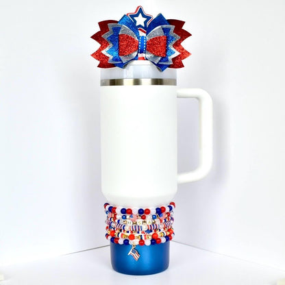 Patriotic wrist and Tumbler/Stanley bracelets with red white blue and flag charms