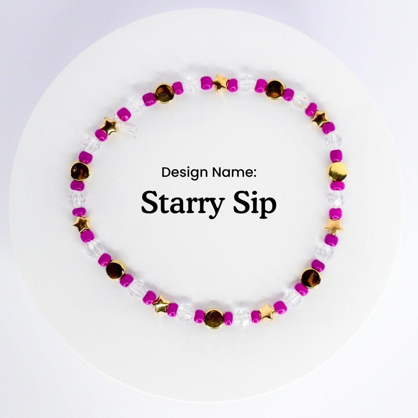 Wrist or tumbler (Stanley) bracelet of magenta white and star beads