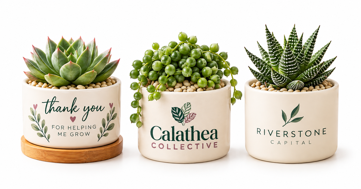 Custom succulent pots personalized with unique designs and branding, ideal for corporate gifts, employee appreciation and special events.