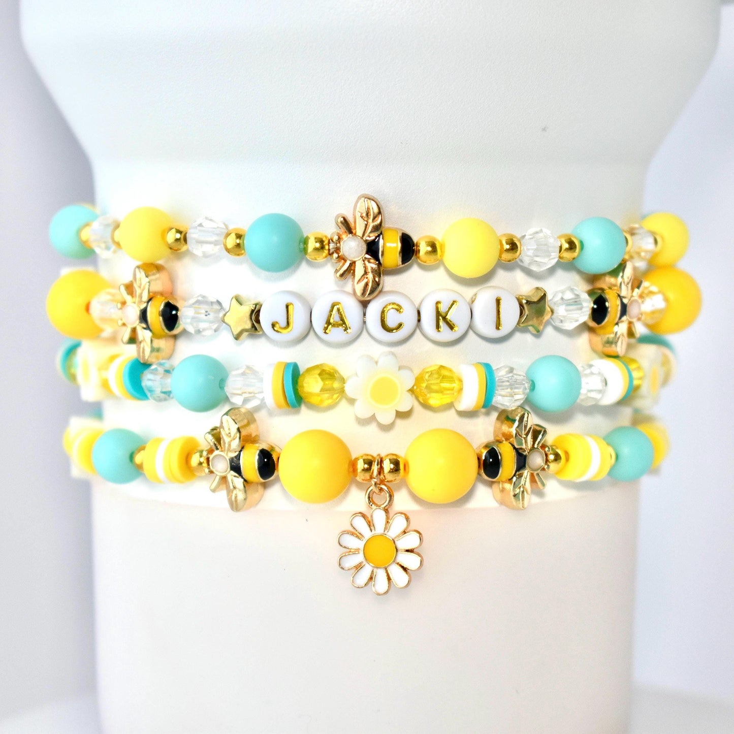 Yellow mint white crystal and gold beaded bracelet with bee accent and daisy charm for wrist or tumbler Stanley