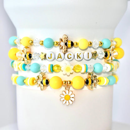 Yellow mint white crystal and gold beaded bracelet with bee accent and daisy charm for wrist or tumbler Stanley