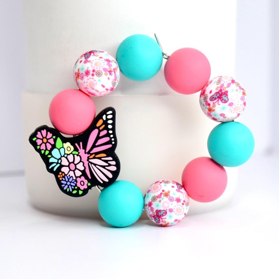 Teal pink and multicolor beads with butterfly accent handle bead for tumbler Stanley