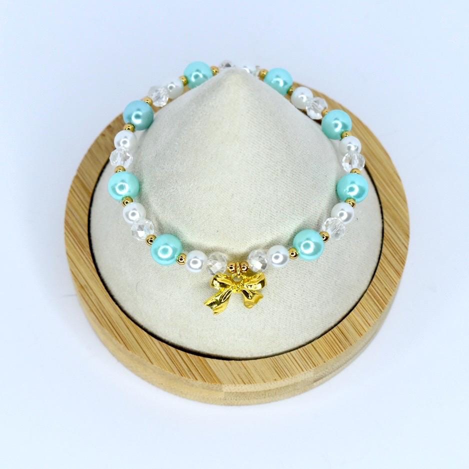 Gold Bow Pearl Beaded Bracelet: Aqua & White Crystal Charm