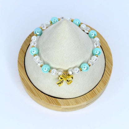 Gold Bow Pearl Beaded Bracelet: Aqua & White Crystal Charm