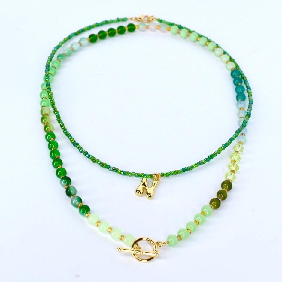 Green Gradient Initial Necklace Set - 2 Piece Set