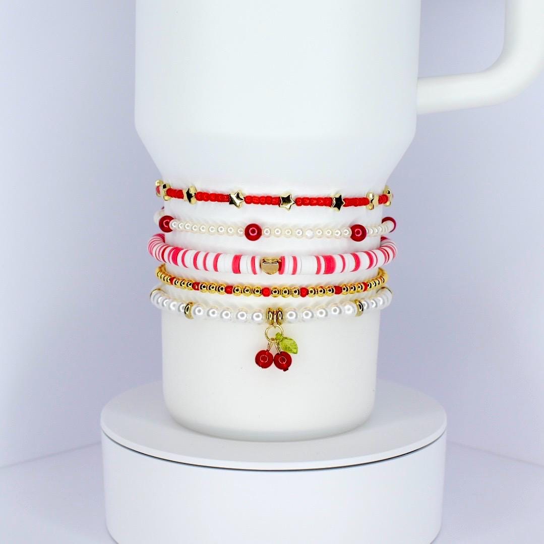 Cherry Charm Bracelet Stack: Red, White & Gold Beaded 5 Piece Set